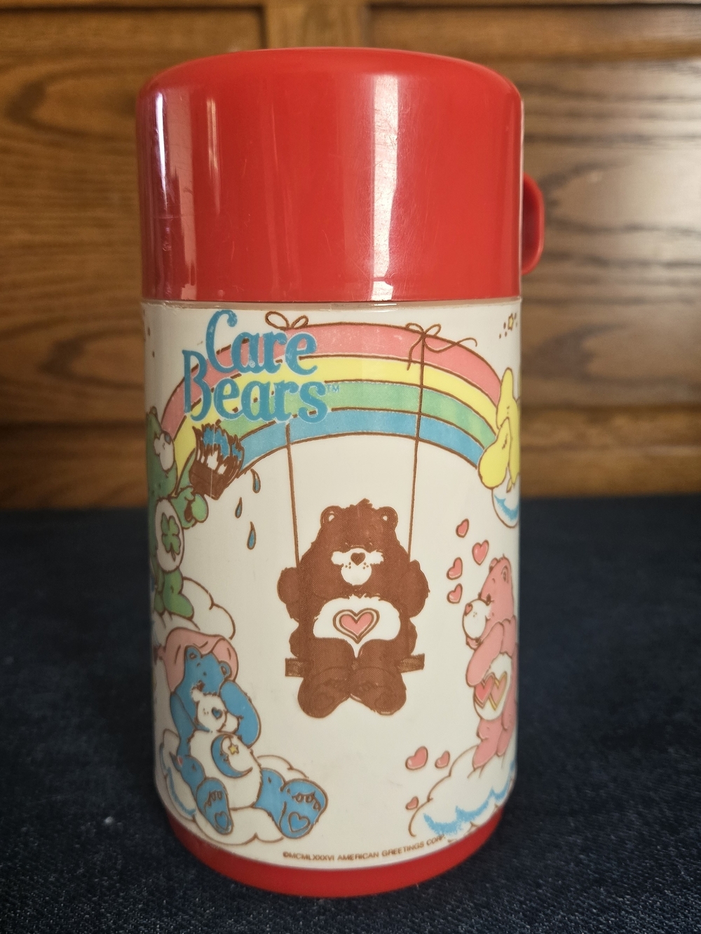 Vintage Care Bears Red Thermos Bottle for Lunchbox Aladdin 1985 Rainbow Clouds